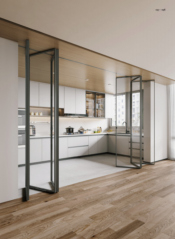Modern kitchen with glass folding doors and minimalist cabinetry