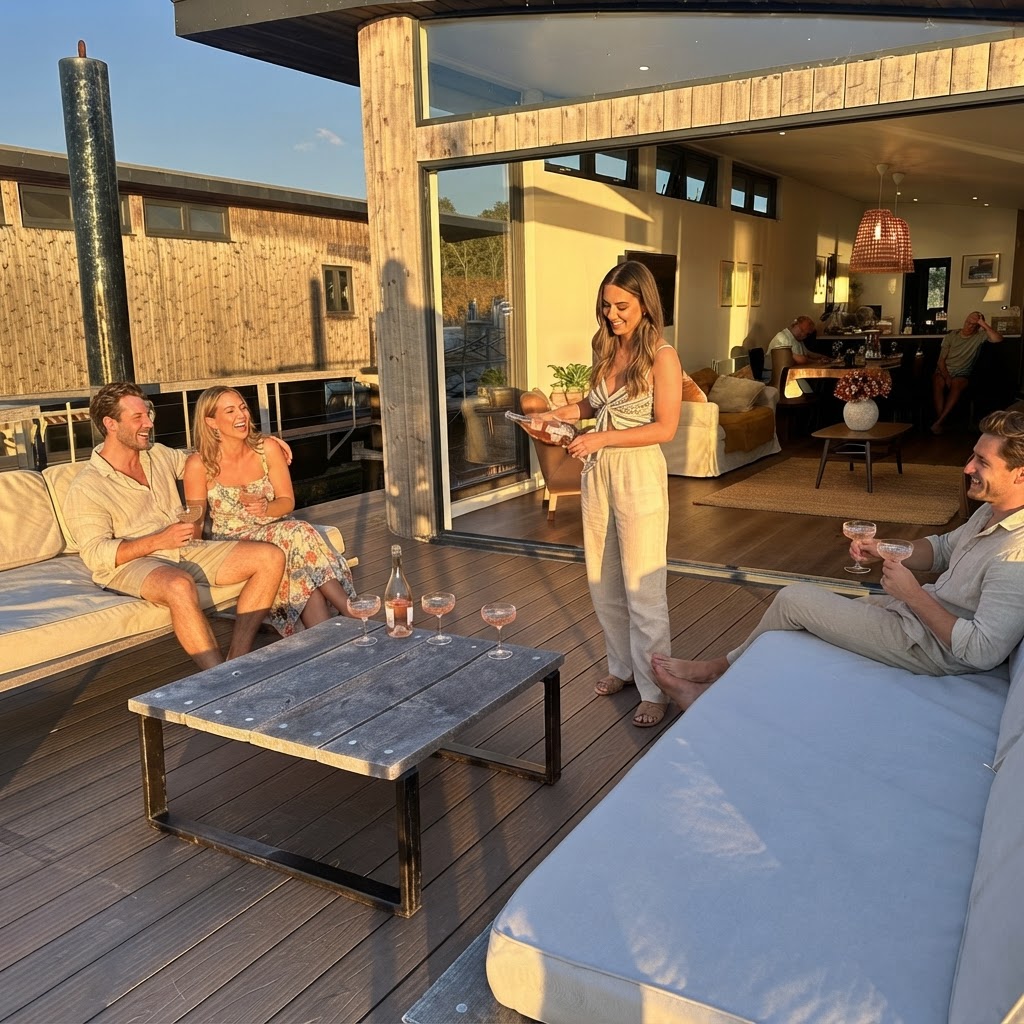 A group of friends in their thirties enjoying rosé wine on the houseboat deck at golden hour