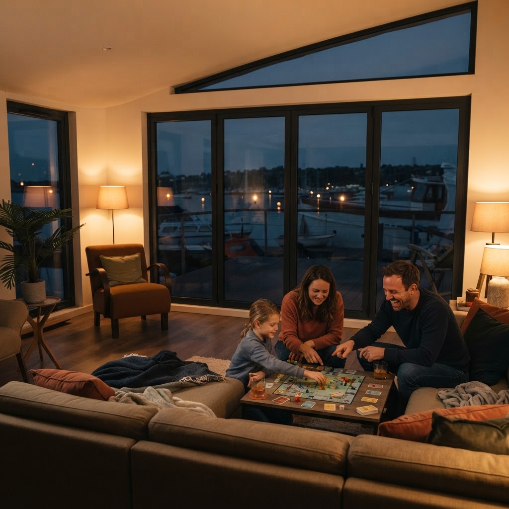 A family playing a board game in the warm living room of the Eleuthera houseboat