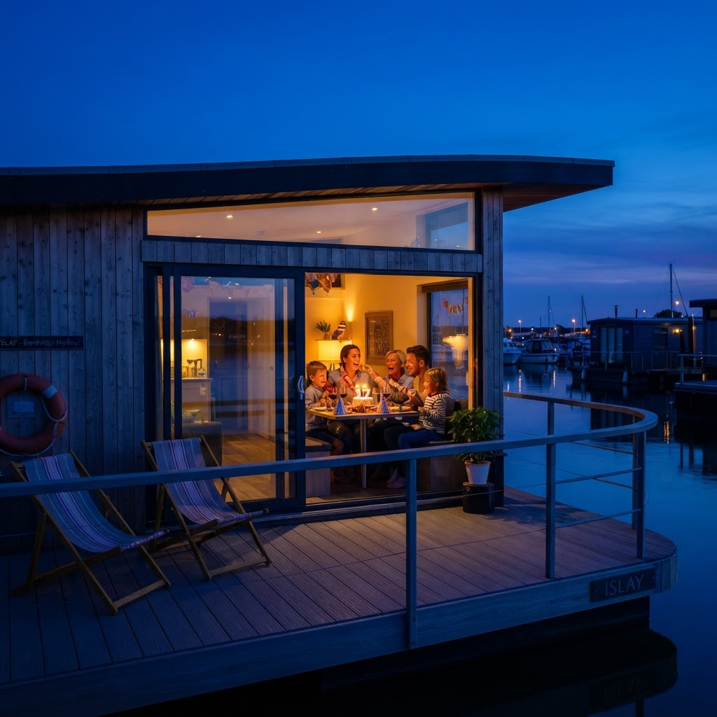 Looking through the warm-lit windows of the Islay houseboat at dusk at a family celebrating a birthday