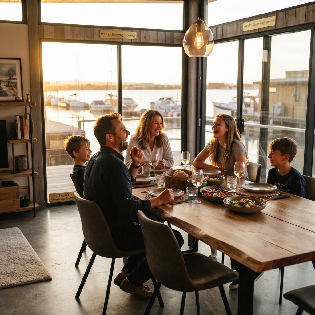A family gathered around the large dining table inside the Islay houseboat