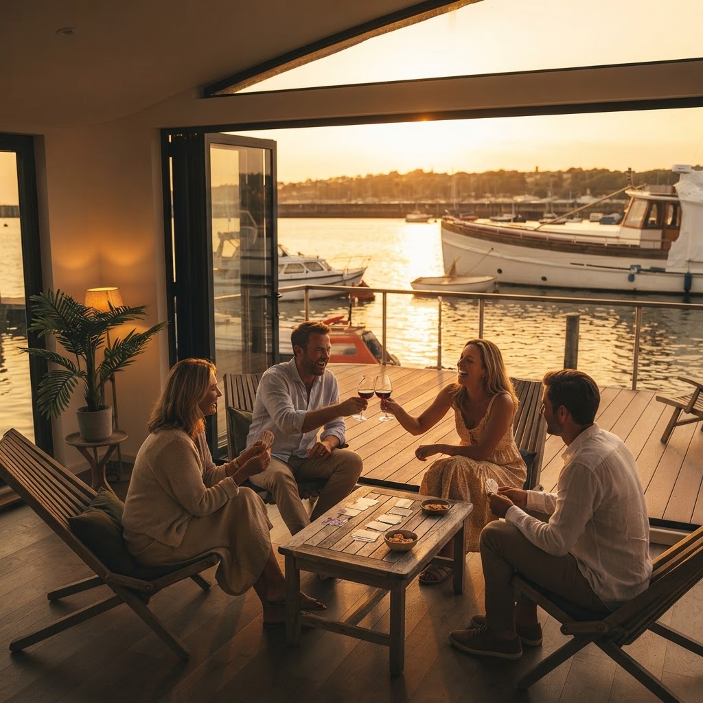 Friends playing cards with wine on the Eleuthera houseboat deck at sunset