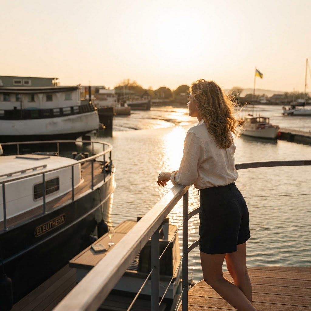 A guest looking out over Bembridge Harbour from the deck of the Eleuthera houseboat at golden hour