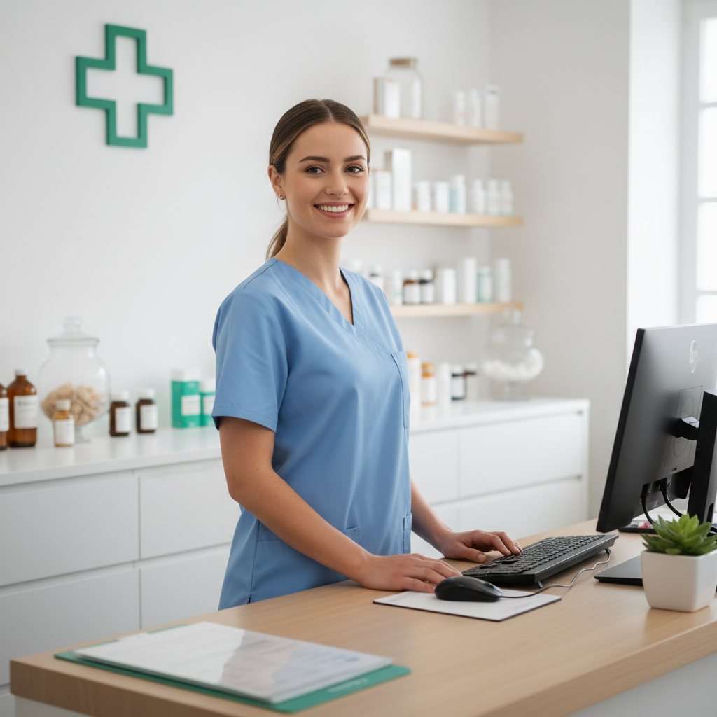 Friendly pharmacy receptionist ready to assist you