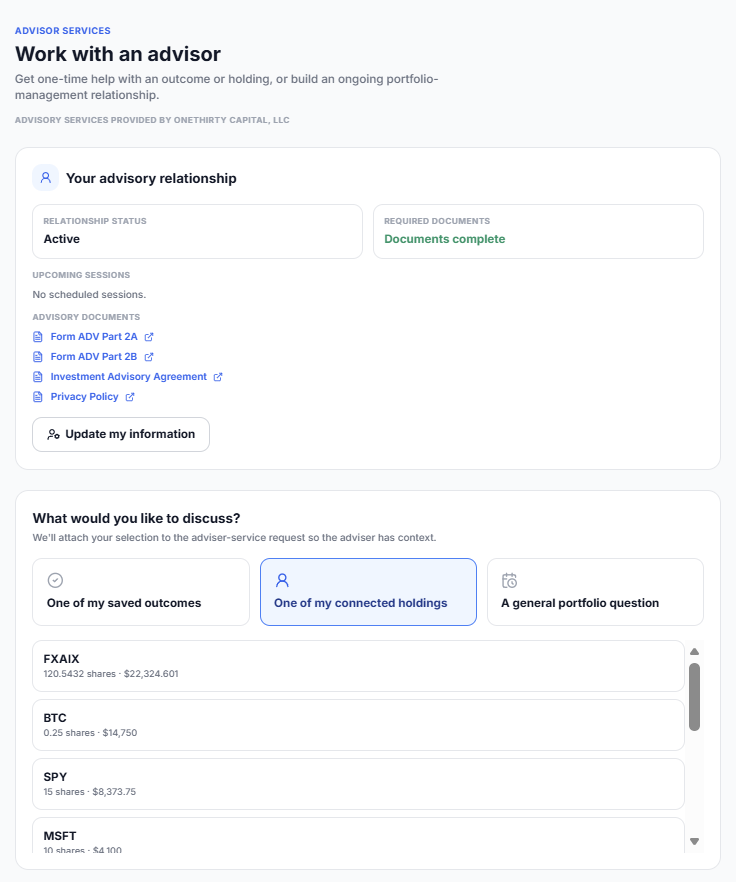 Advisor Services page showing the advisory relationship status, required documents, upcoming sessions, and a discussion-topic selector with a scrollable list of connected holdings