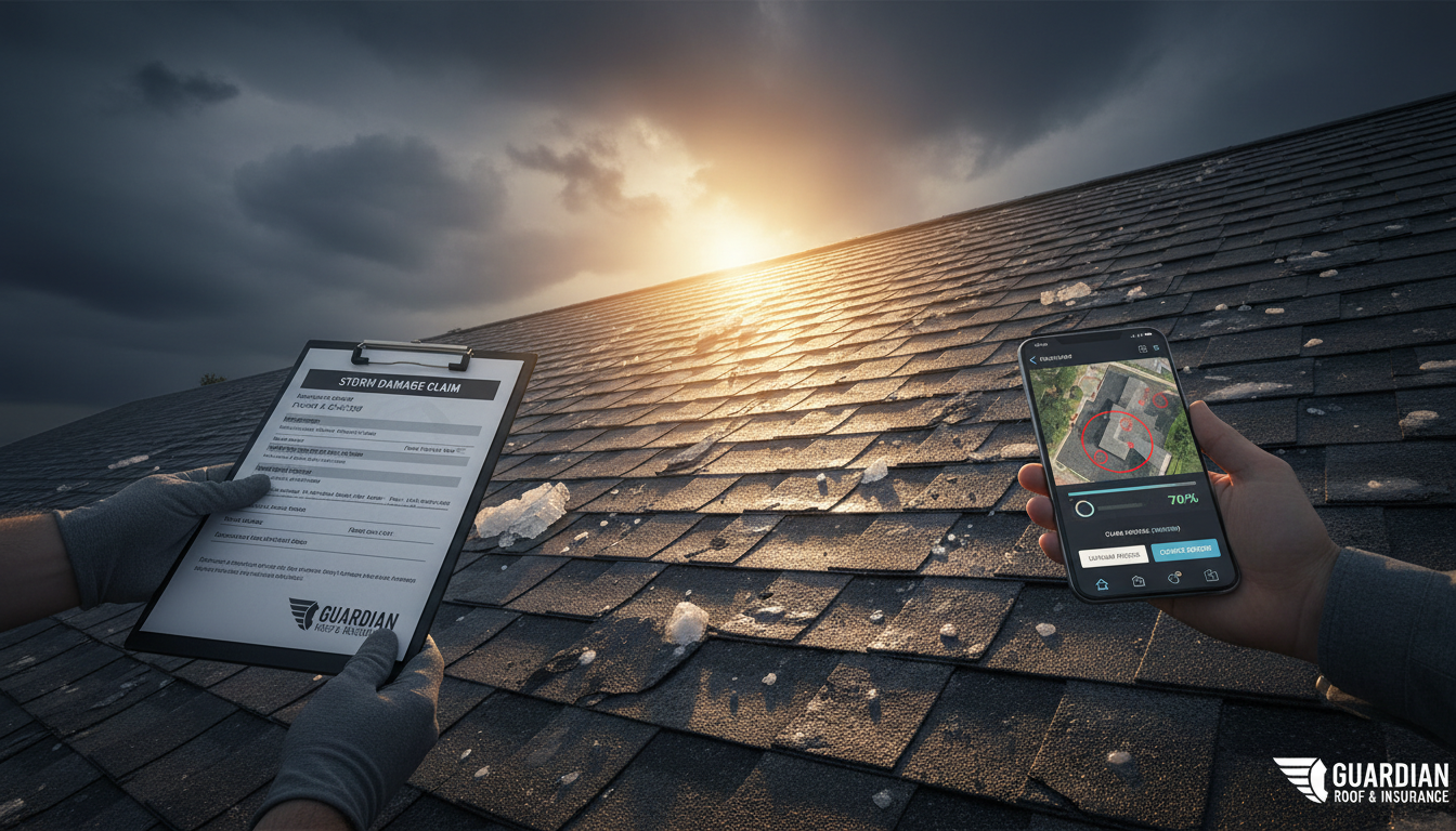 Storm damaged roof with insurance claim technology overlay