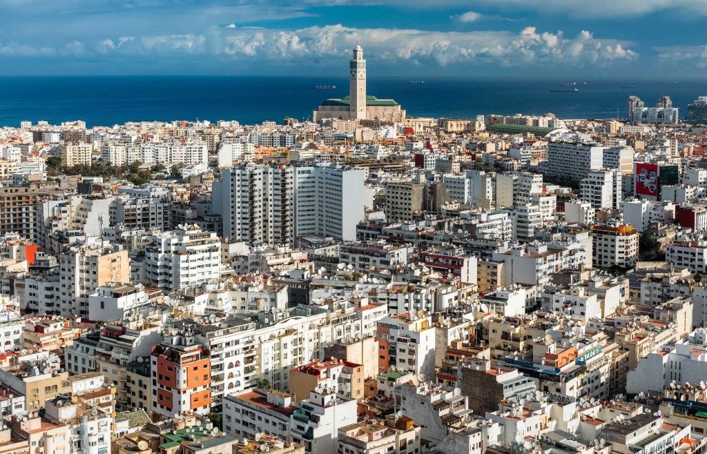 View of Casablanca with Hassan II Mosque in the background, Morocco