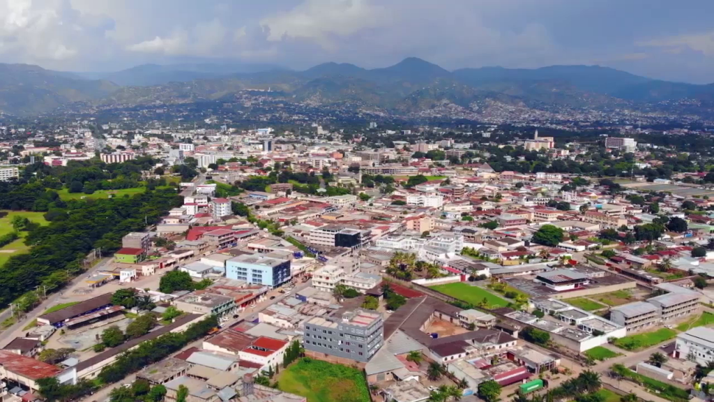 Aerial view of Bujumbura with hills in the background, Burundi