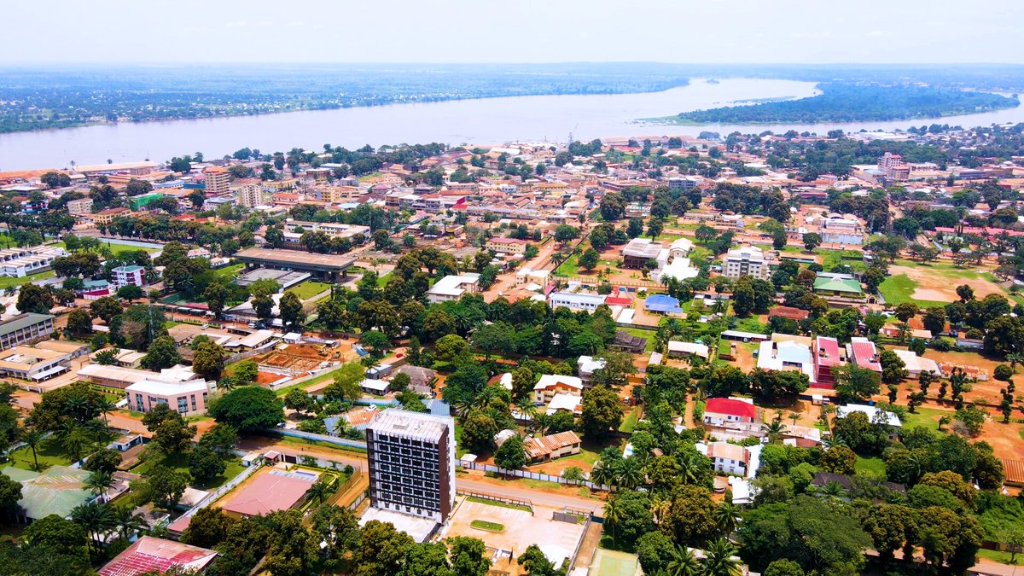 Aerial view of Bangui along the Ubangi River, Central African Republic