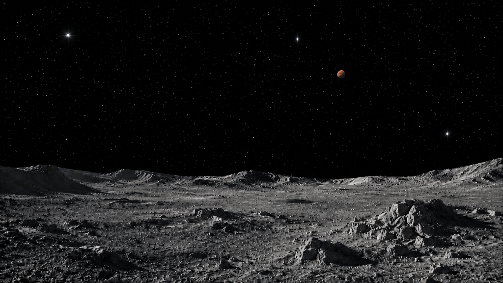 Superficie lunar craterada bajo un cielo estrellado