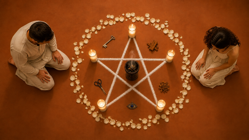 Pentagrama ritual con veladoras, amuletos y pétalos sobre fondo terracota