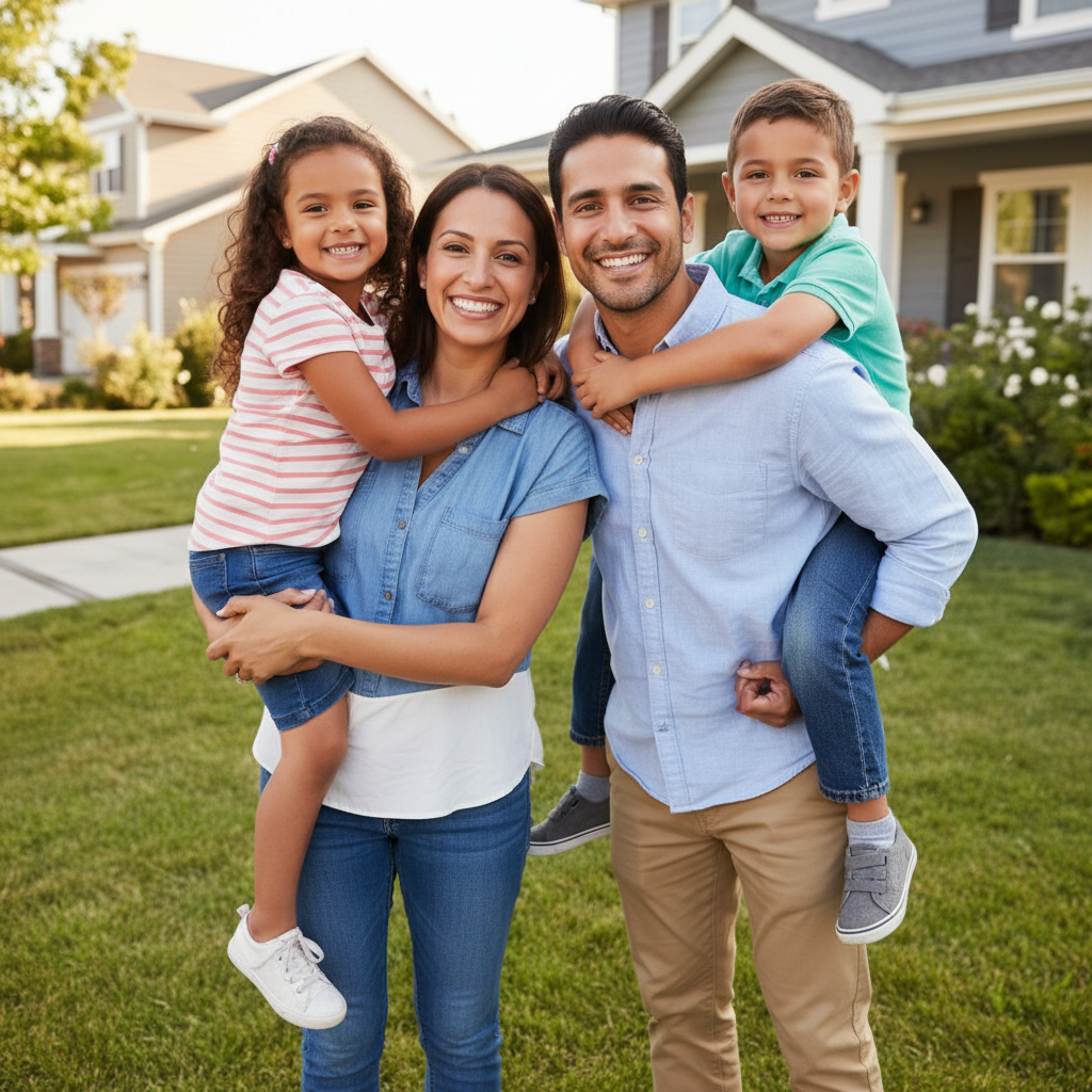 Happy family outside their home