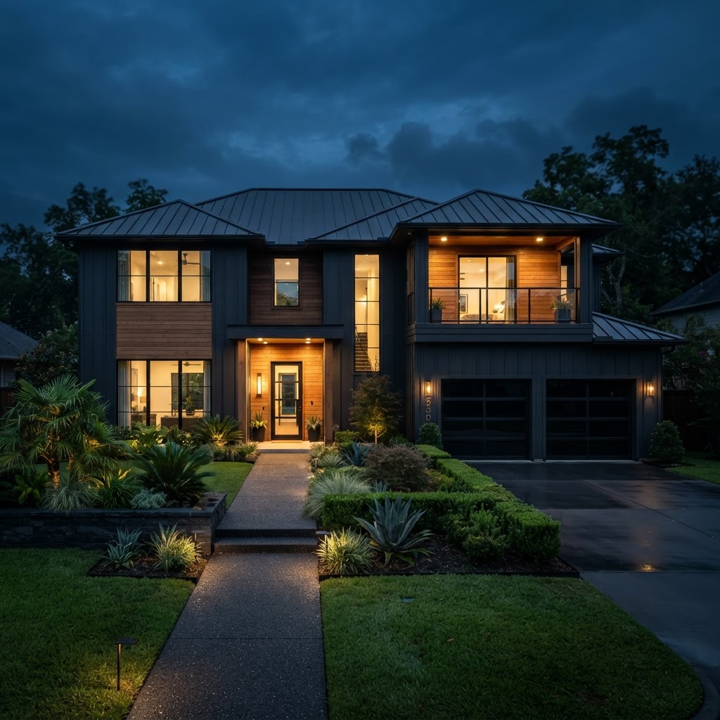 Dark modern home exterior with standing seam metal roof, a roofing and exterior project by HTX Construction