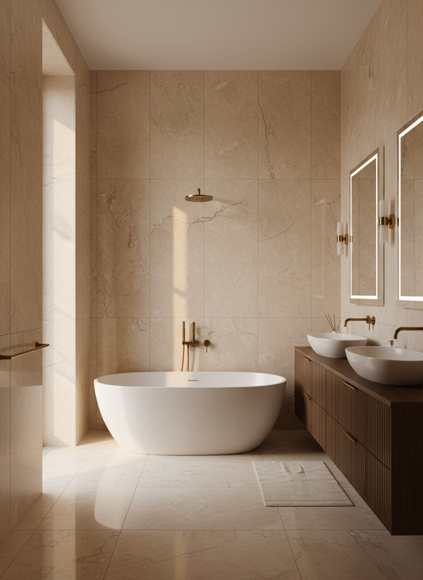 Master bathroom with freestanding tub and stone tiles