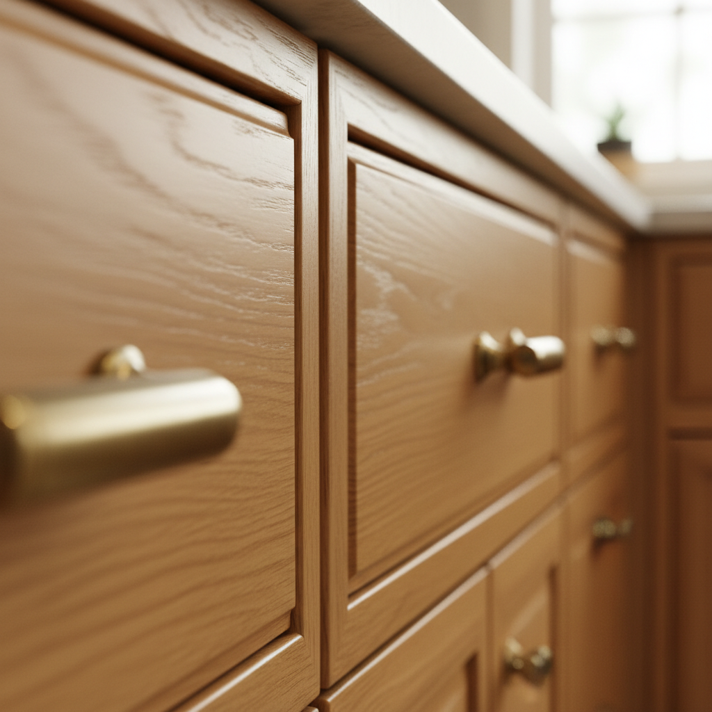 Custom cabinet joinery detail with brass hardware