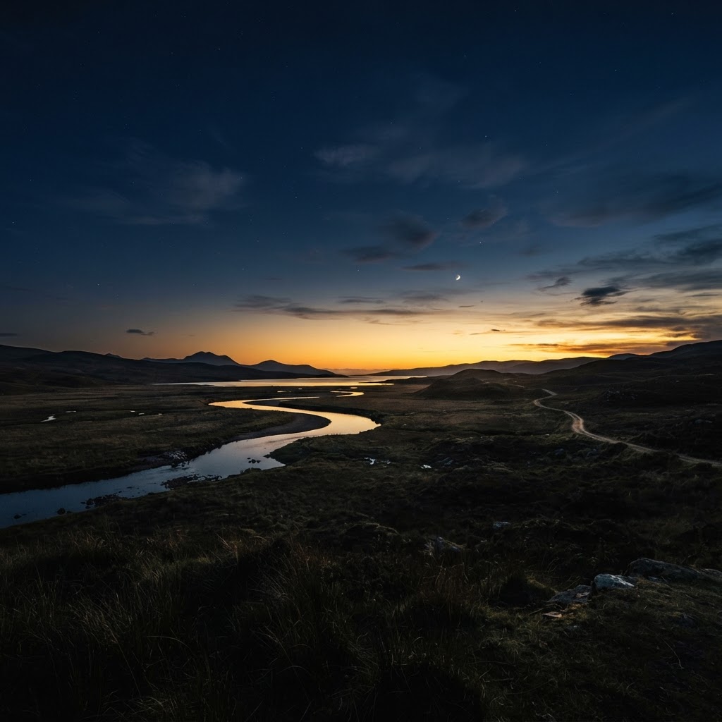 A wide cinematic horizon at dusk — navy sky transitioning to gold light on the edge of the world.