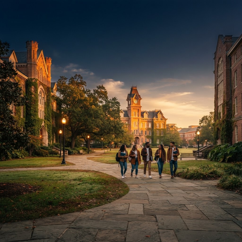 A university campus at dawn — a place of learning and formation.