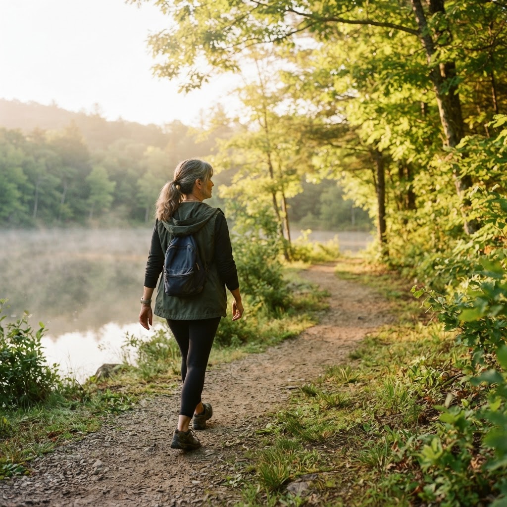 A middle-aged adult walking purposefully on a green lakeside trail in warm morning light — ordinary vitality, whole-person wellbeing, and everyday life.