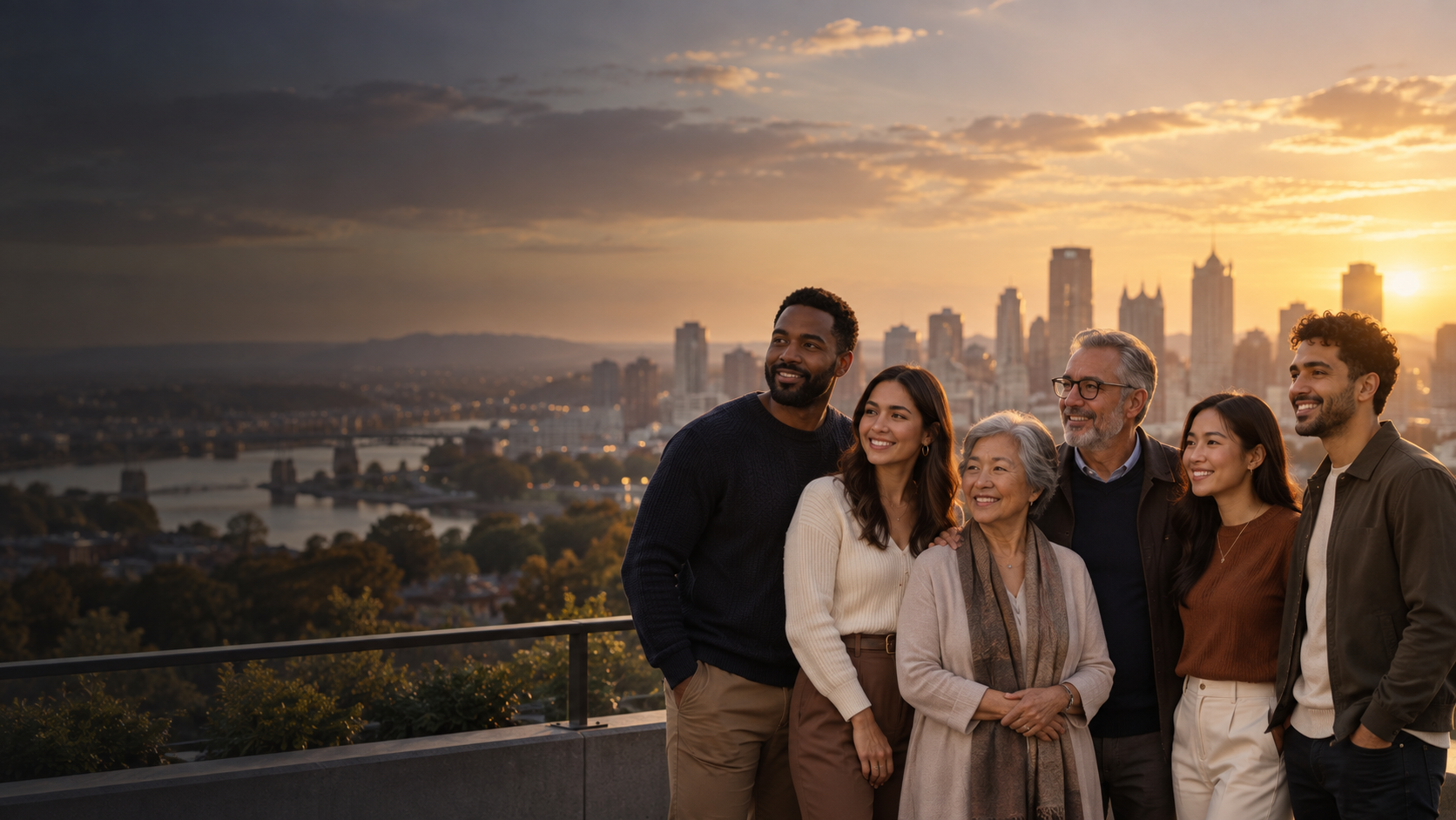 A diverse, multigenerational group of six adults standing together on an outdoor balcony at sunset, looking out over a city skyline and river at golden hour.