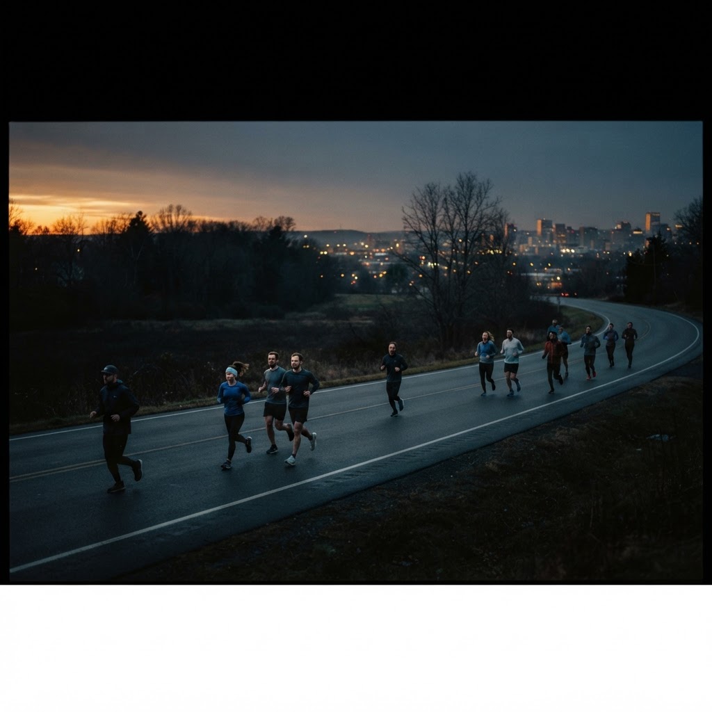 A sparse group of adult runners moving along an open road at blue-gray dusk — the constant motion of human life, schedules, and transition.