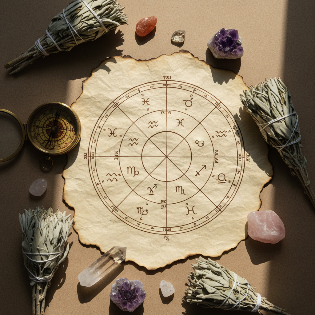 Astrologisk födelsekarta omgiven av kristaller och salvia