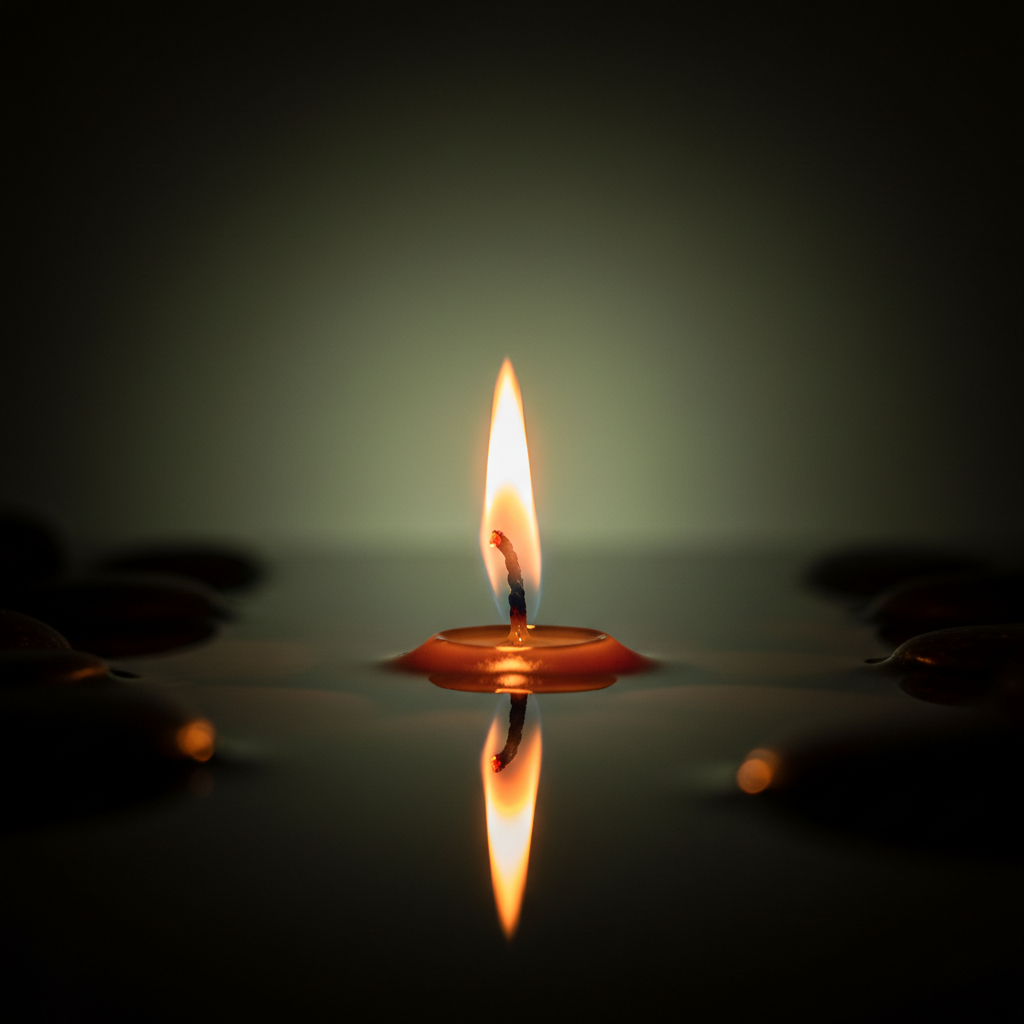 Meditationsljus reflekterat i stilla vatten