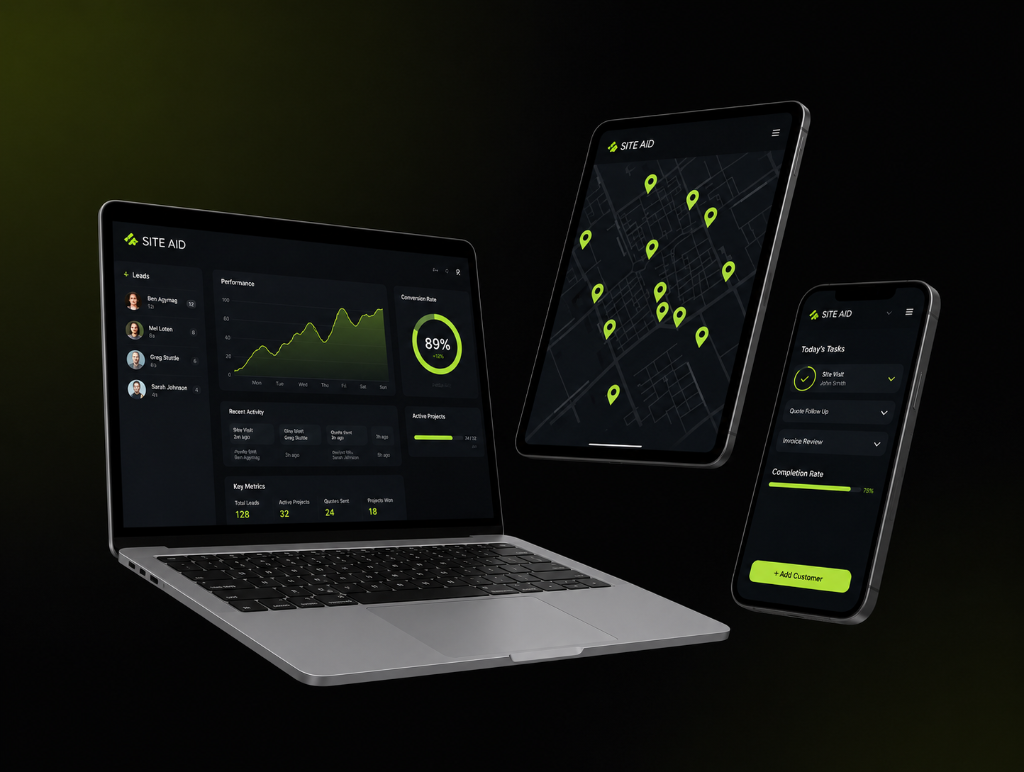 SITE·AID Dashboard — laptop, tablet and mobile field worker app