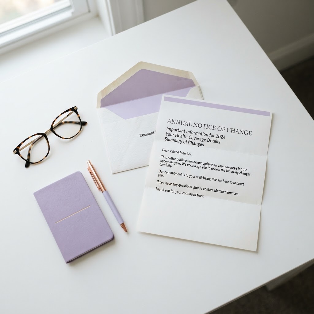 An open Annual Notice of Change letter on a clean desk with reading glasses