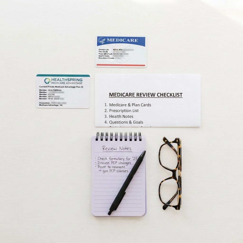 A Medicare review checklist with a Medicare card, plan card, prescription list, and notepad