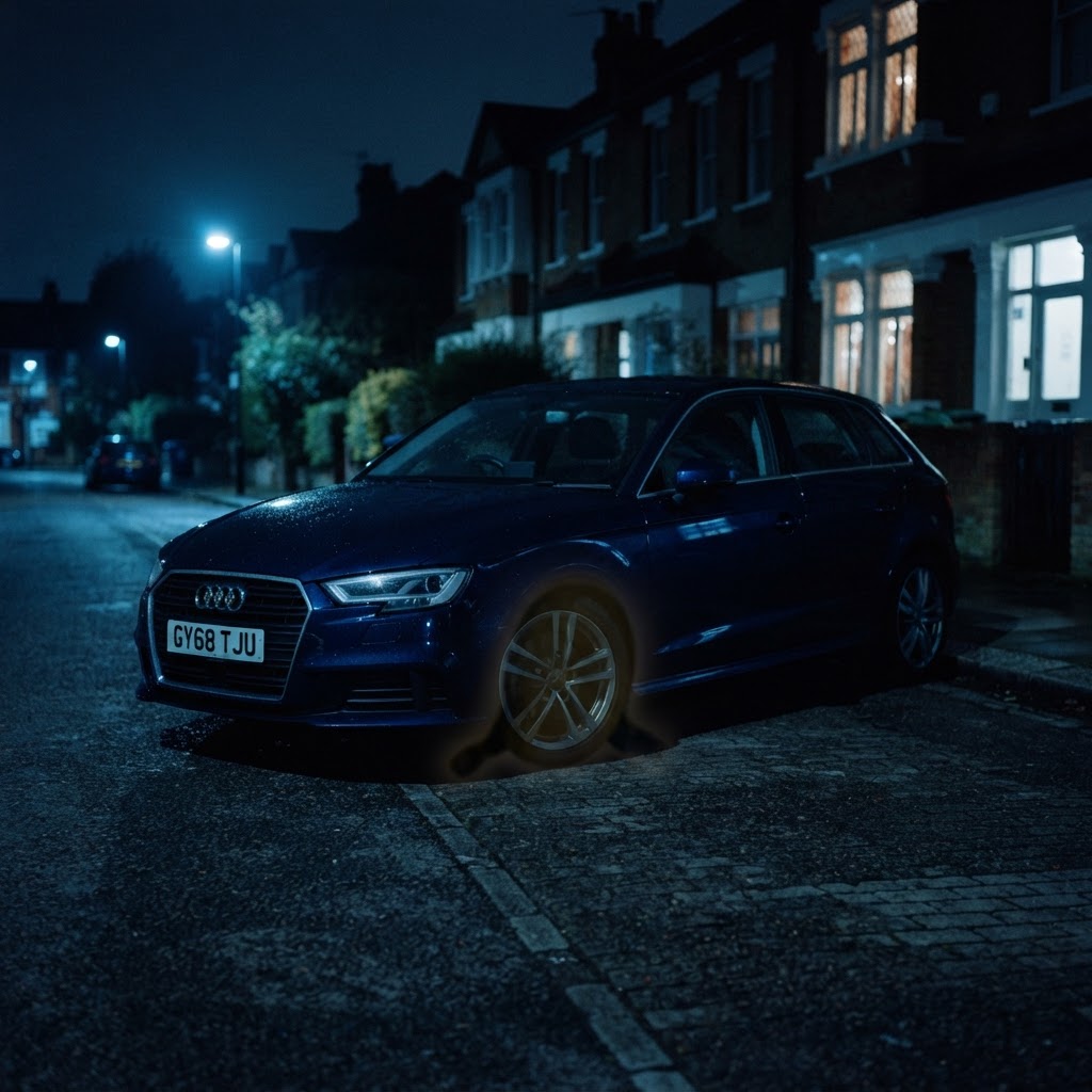 A UK car parked on a quiet residential street at night with a faint wheel-clamp silhouette under electric-blue light