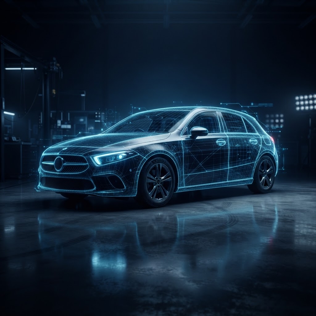 A premium UK vehicle in a dark technology studio with a blue holographic diagnostic scan