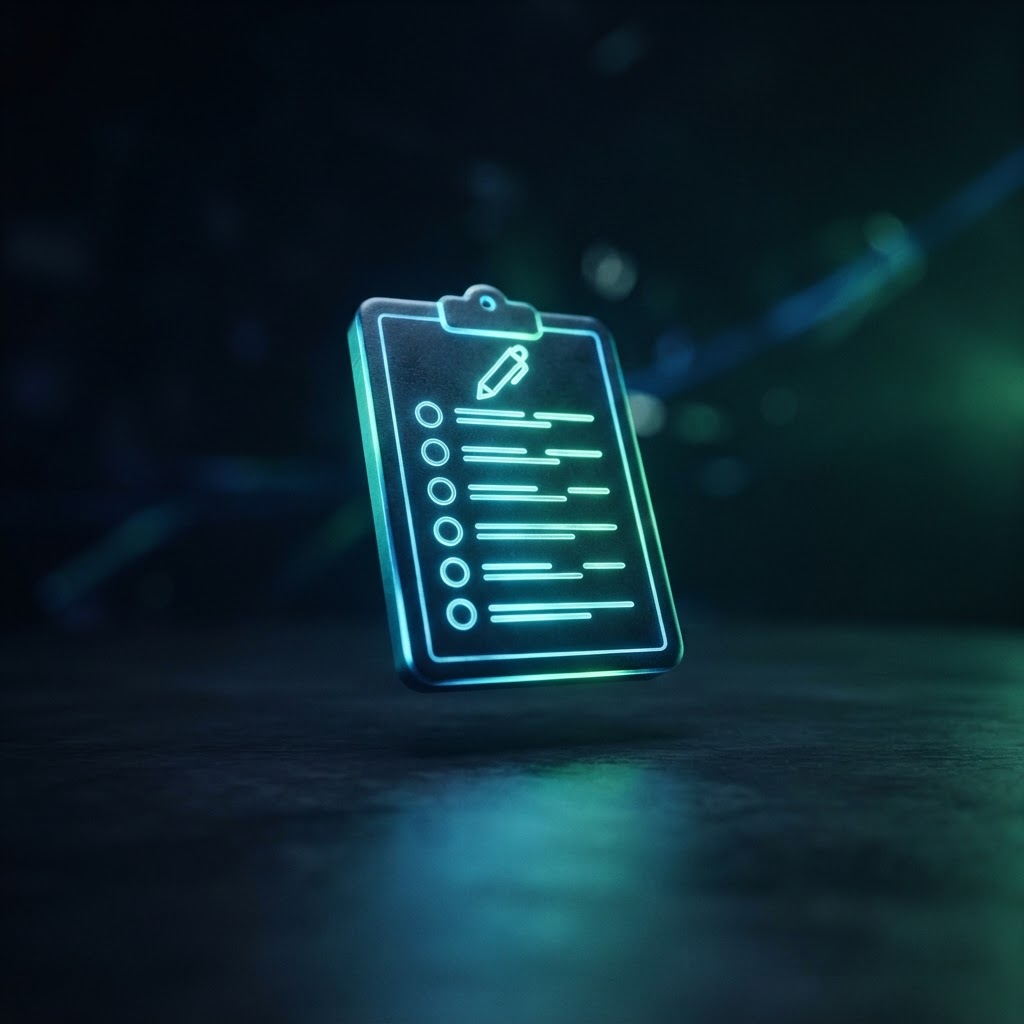Abstract glowing clipboard with checklist representing the UK used car buying checklist