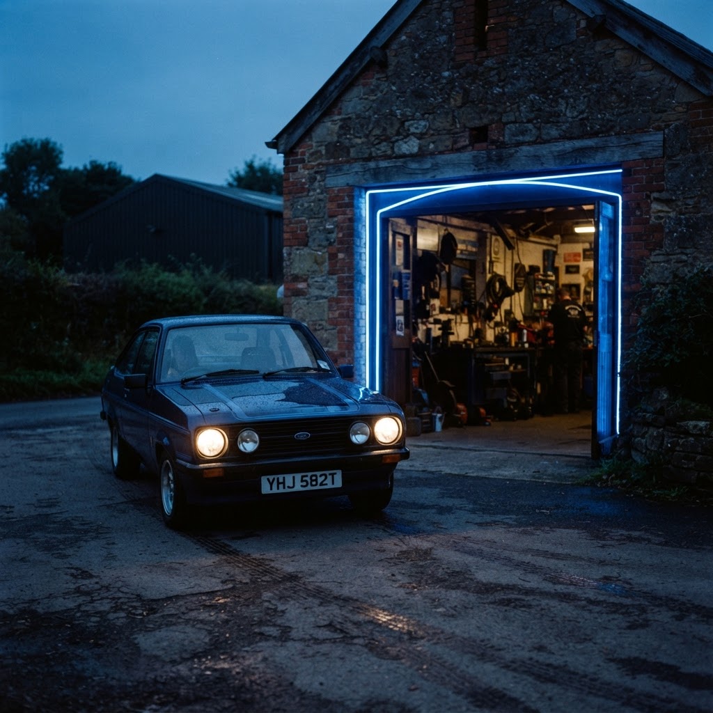 A UK car arriving back at a modest garage workshop entrance at dusk under electric-blue light