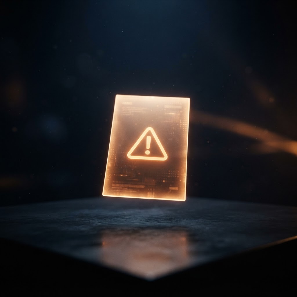 Abstract glowing document with a warning-note tag representing MOT advisory checks