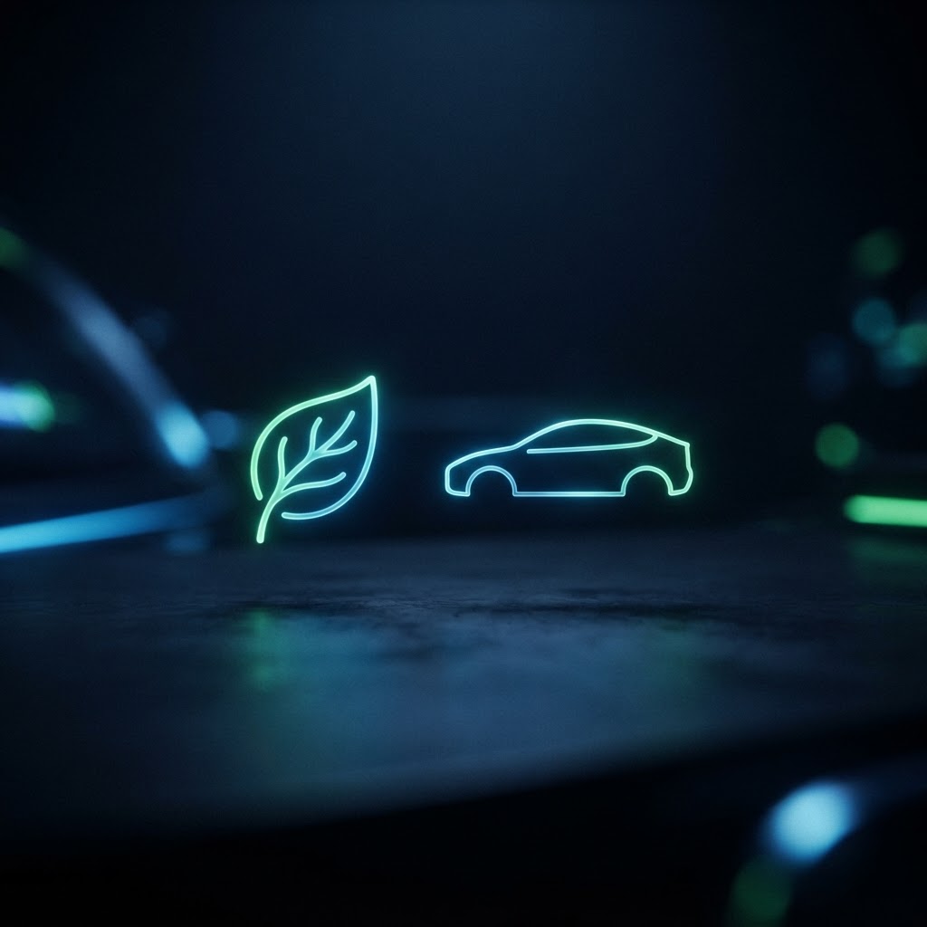 Abstract glowing leaf icon beside a small minimalist car silhouette representing cheap cars to run