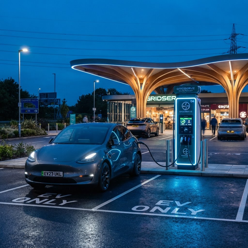 An electric vehicle charging at a modern charging station