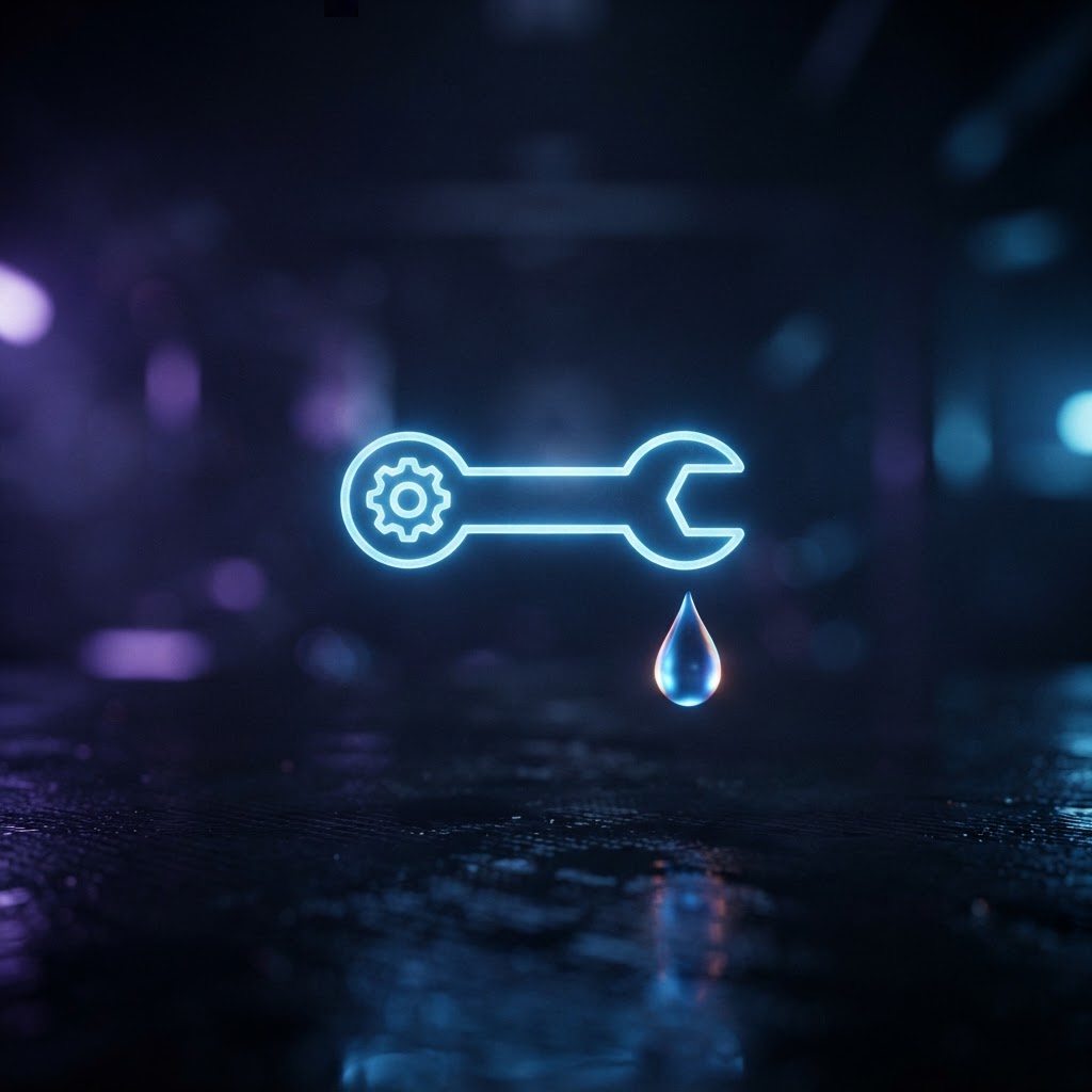 Abstract glowing service-spanner and oil-drop icon representing UK car service costs