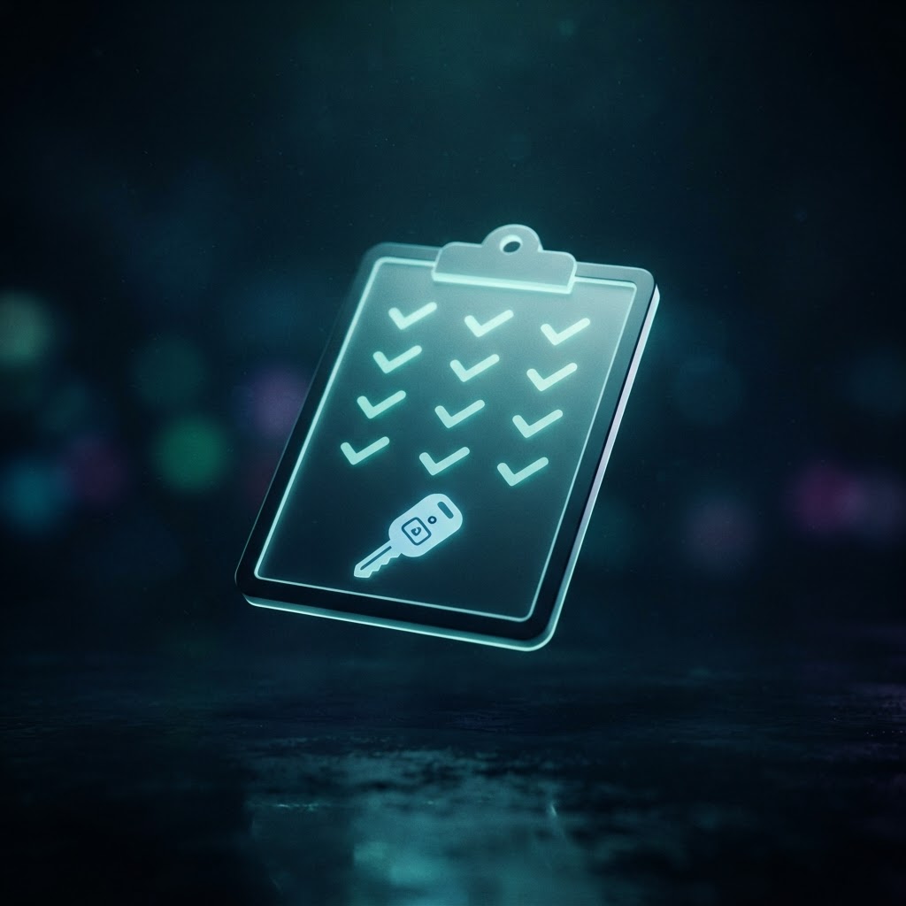 Abstract glowing clipboard with checkmarks and a car key representing the vehicle buying checklist