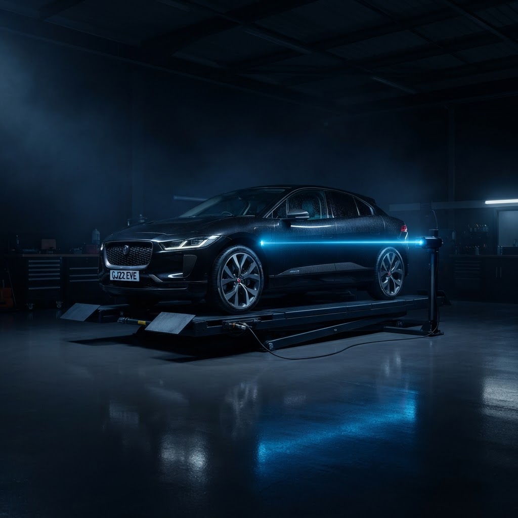 A UK car undergoing MOT inspection on a diagnostic ramp with blue scanning light