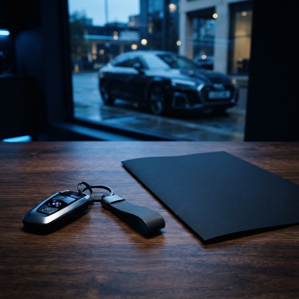 Car keys and a blank insurance document silhouette on a dark desk with a UK car softly blurred in the background