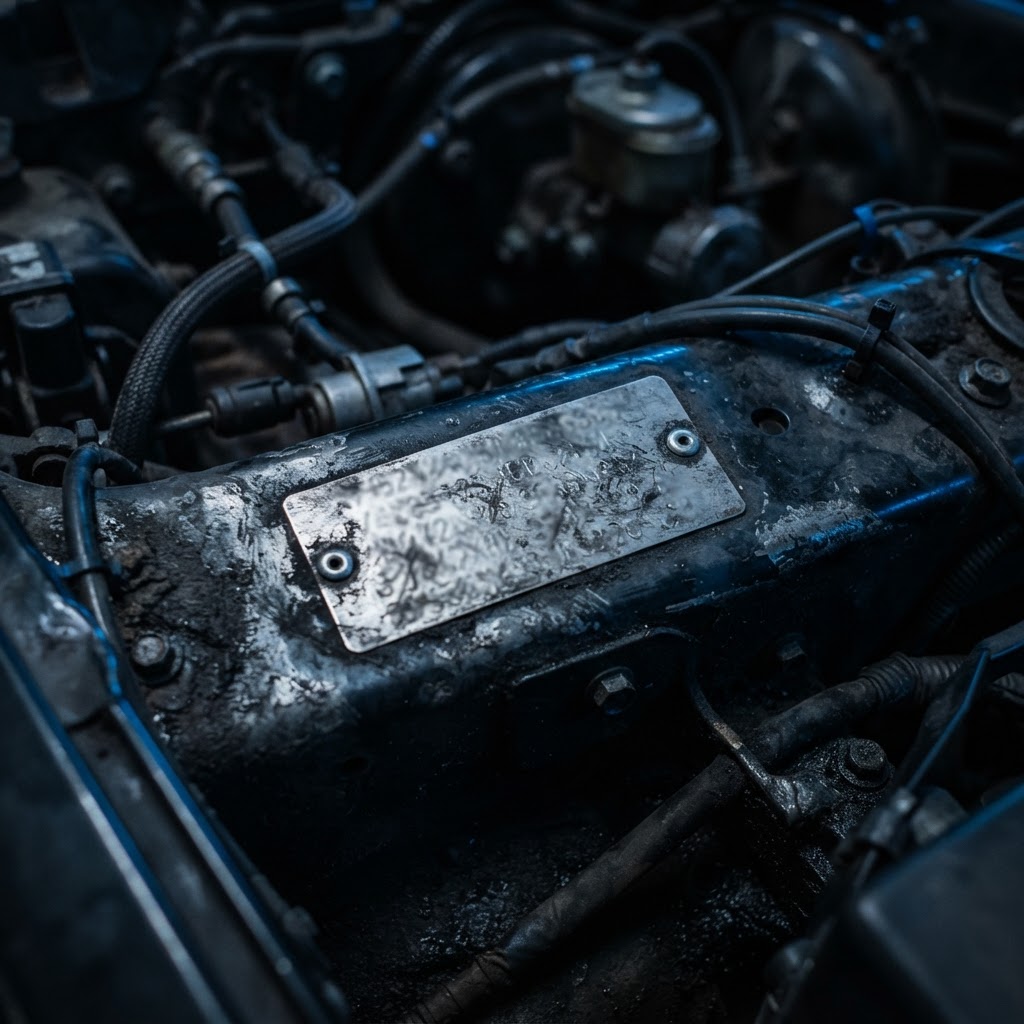 Abstract macro close-up of a stamped metal VIN plate area with deliberately blurred unreadable characters in a dark engine bay