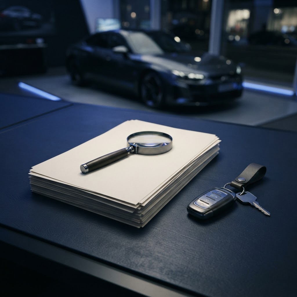 Blank vehicle document silhouettes with a magnifying glass and car keys on a dark desk