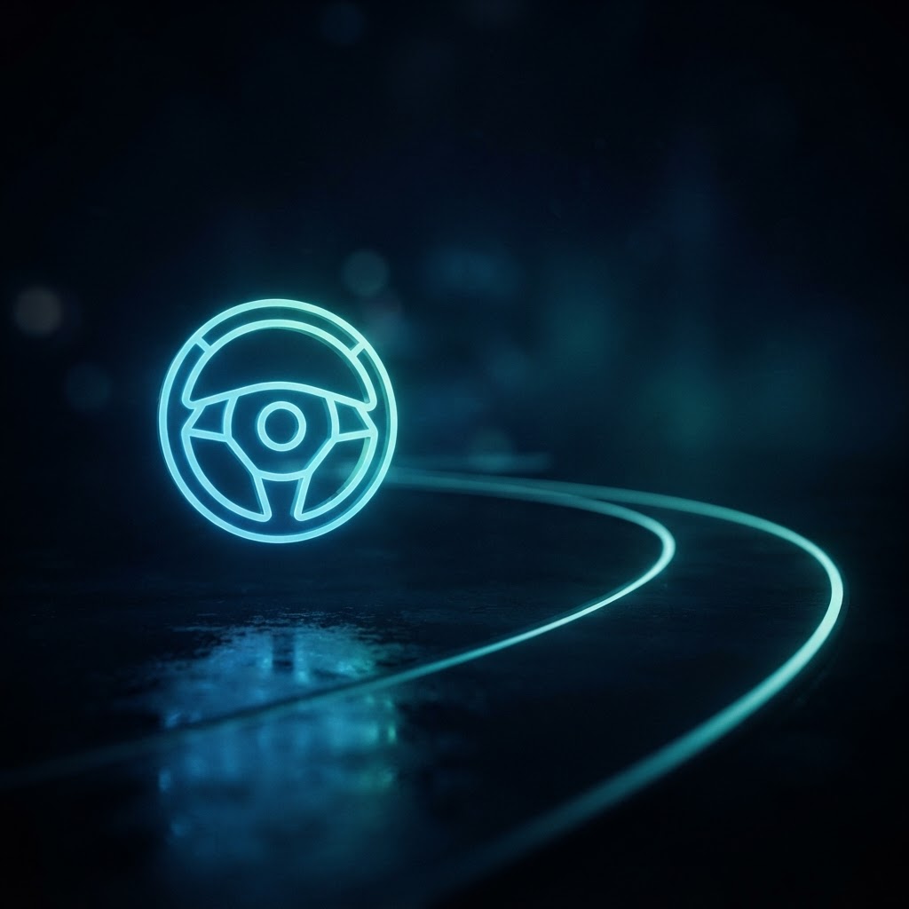 Abstract glowing steering wheel and road curve representing the used car test drive checklist