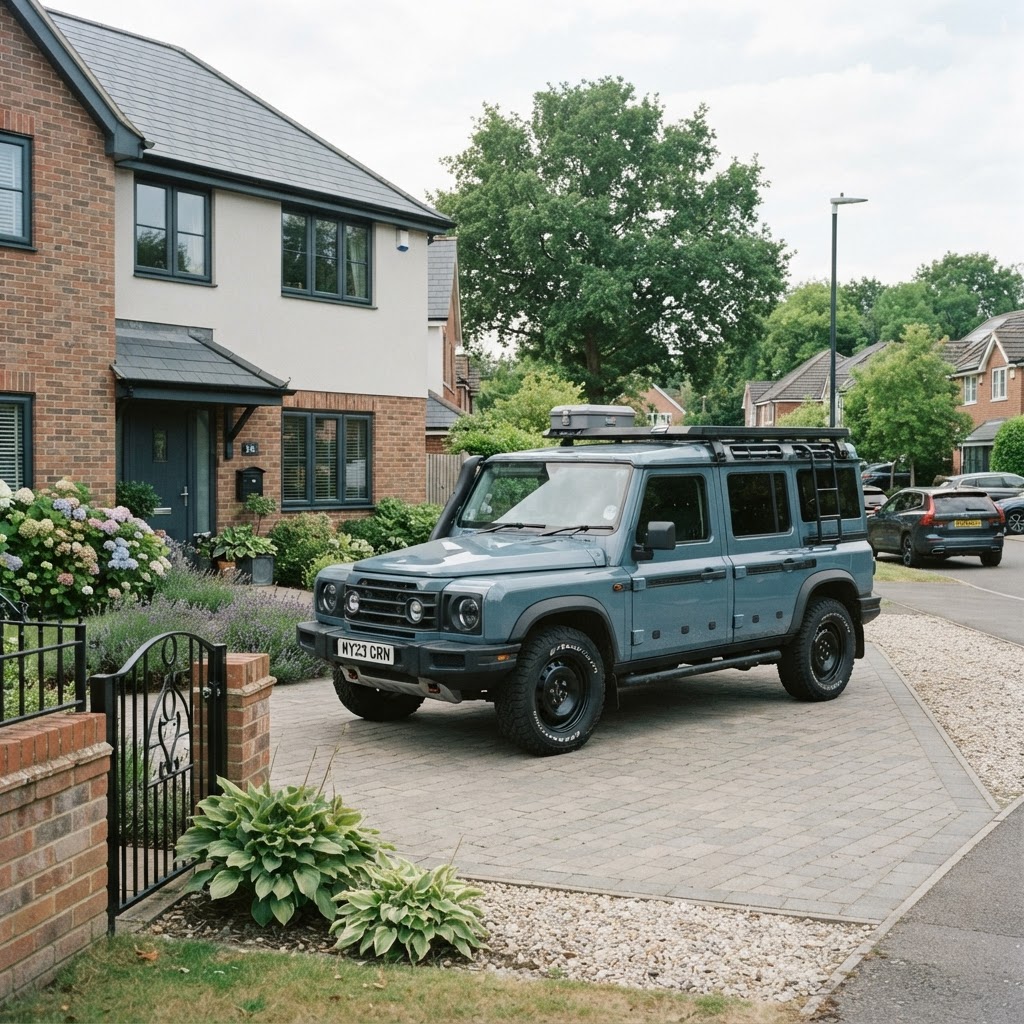 A car parked in a residential driveway with an off-road look