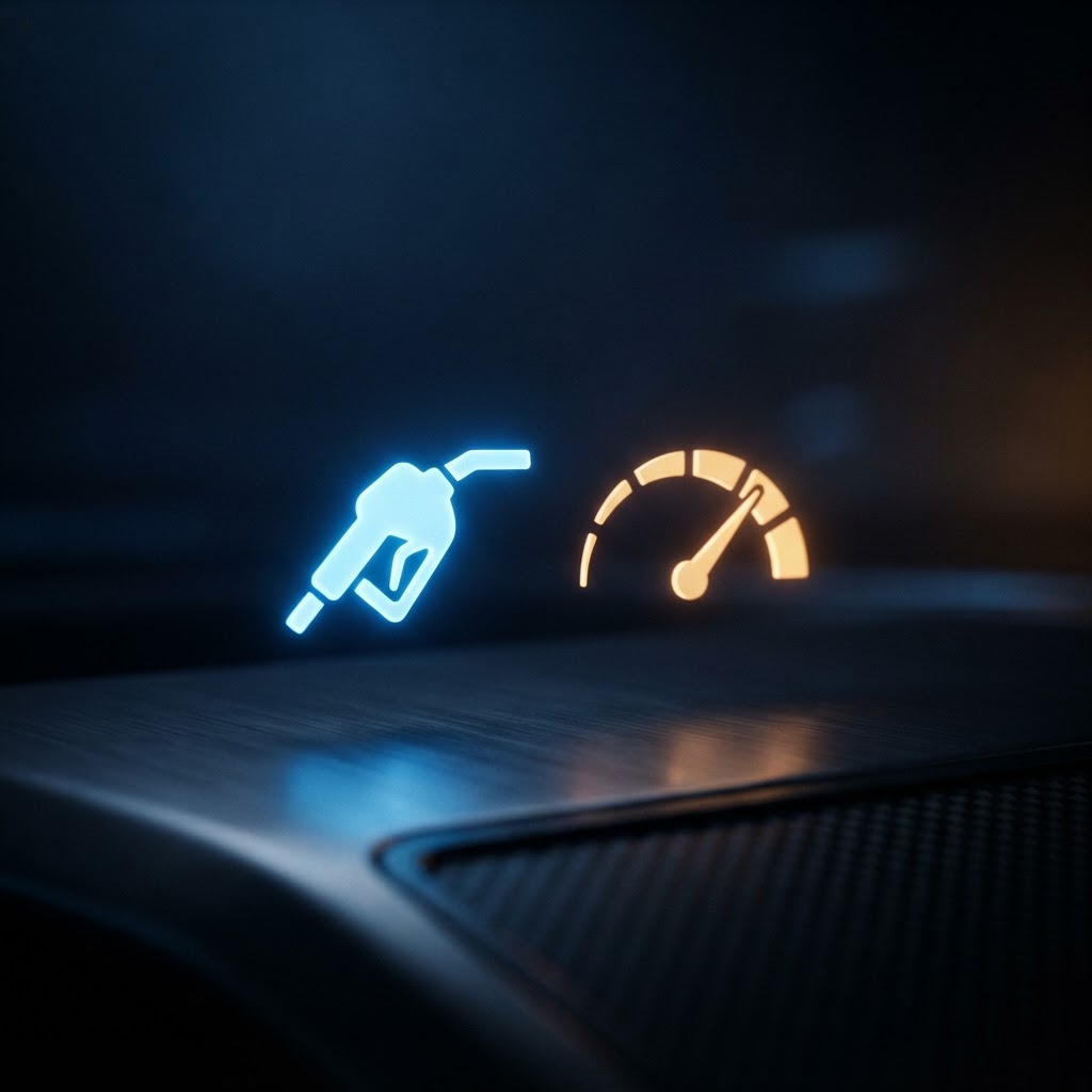 Abstract glowing fuel-pump nozzle and speedometer arc representing UK car running costs