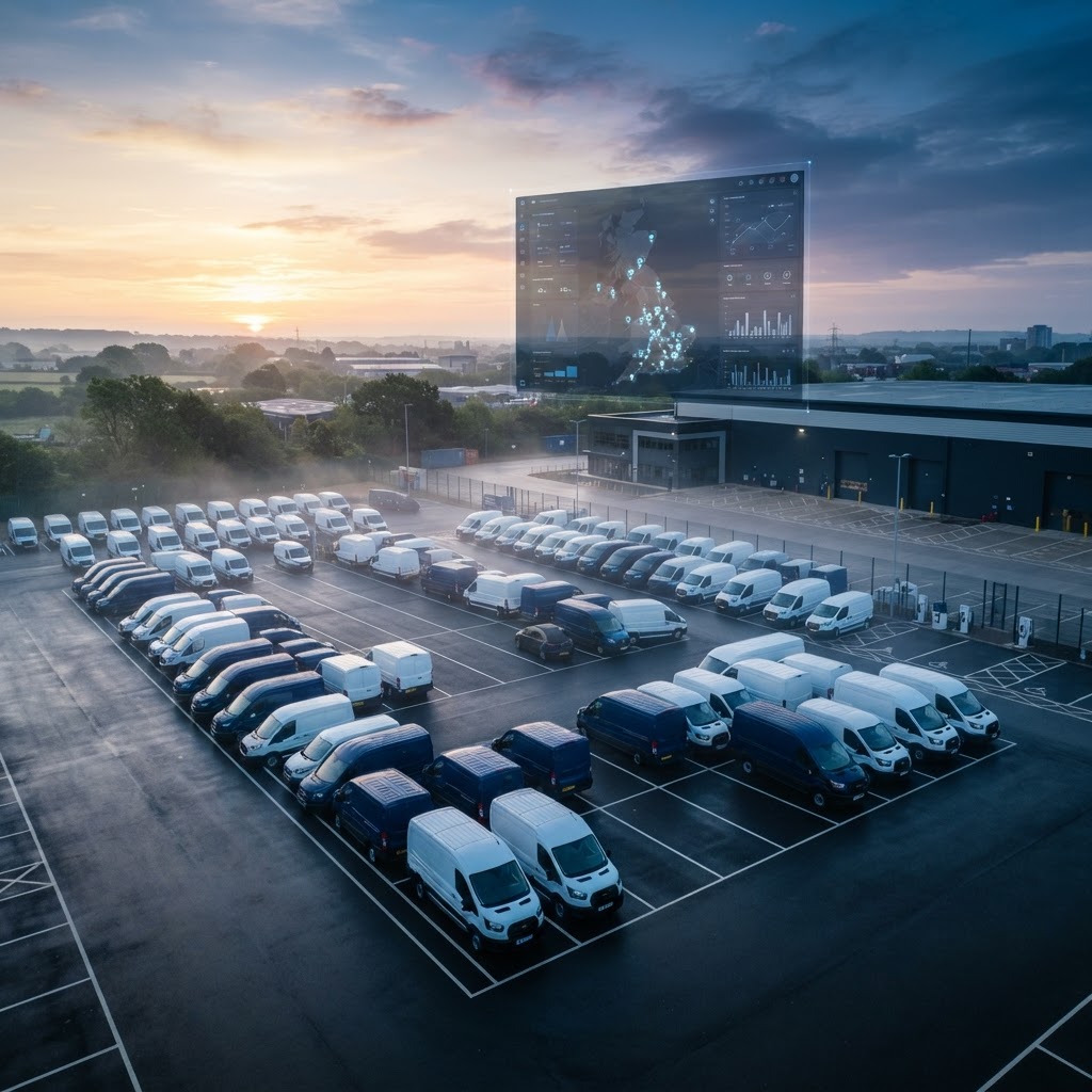 A modern UK fleet depot at sunrise with branded commercial vans and a subtle fleet-dashboard overlay
