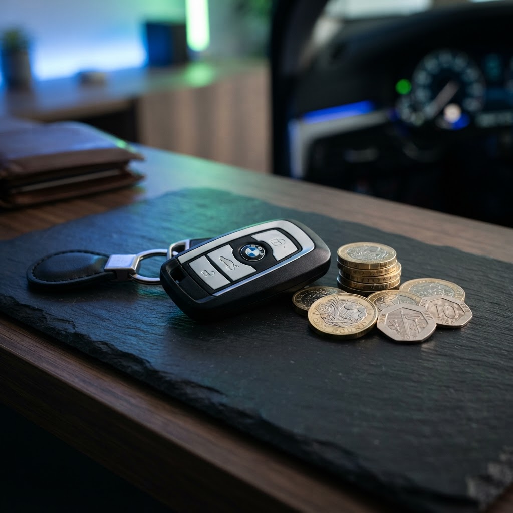 British pound coins and a car key representing vehicle tax costs