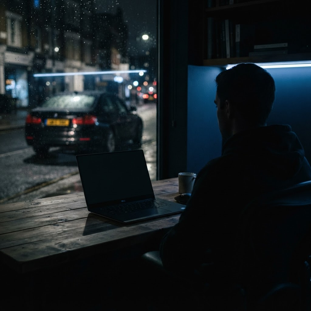 A silhouette at a desk with a blank dark laptop screen, a UK car softly blurred through a window under electric-blue light