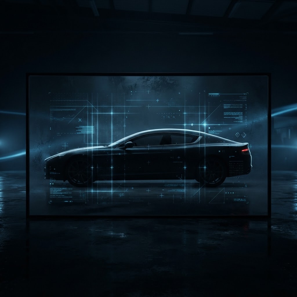 A UK car silhouette behind a translucent dark glass panel with faint glowing data-grid lines