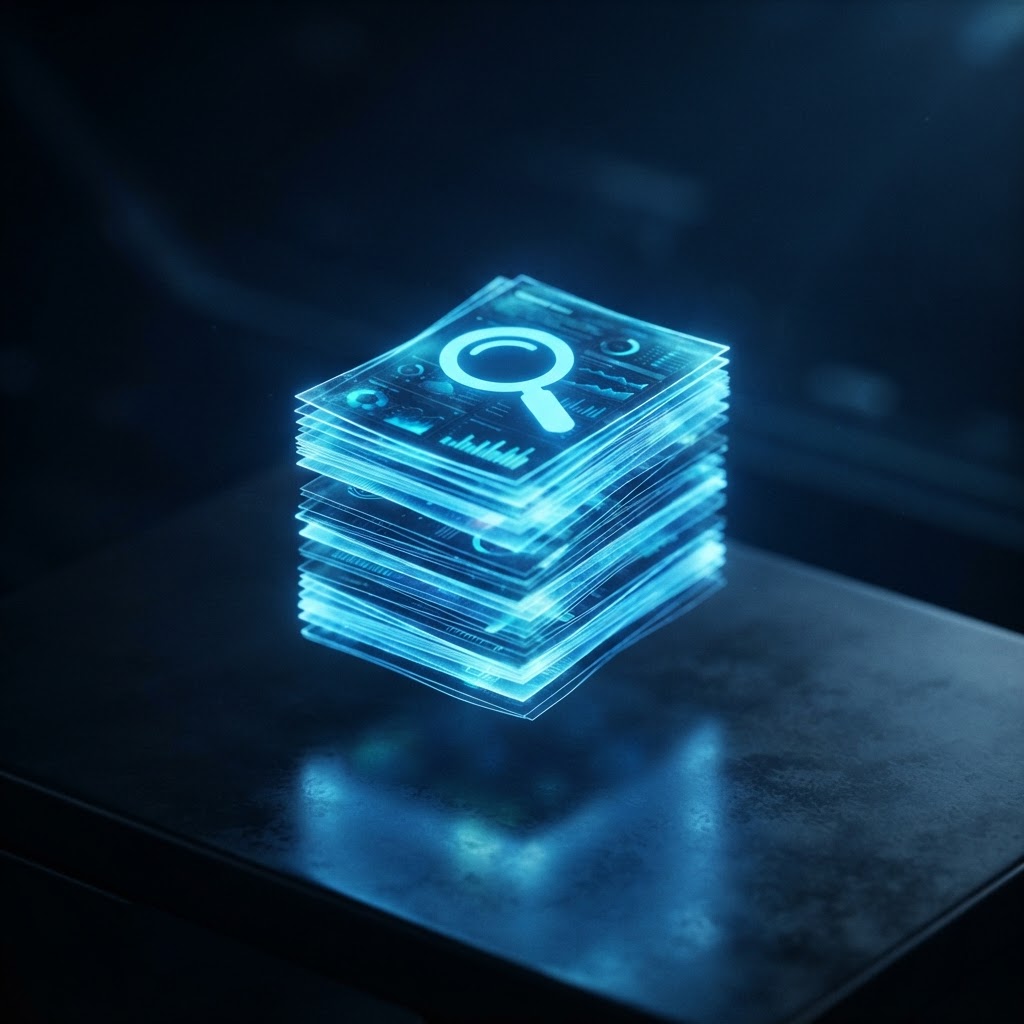 Abstract glowing stack of document records with a magnifying glass representing used car history checks
